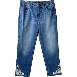 Talbots Women's Jean Simply Flattering 5-Pockets Floral Embroidered Blue Size 10